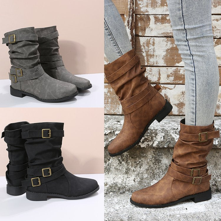 Womens Round Toe Flat Heel Sheepskin Mid Calf Boots