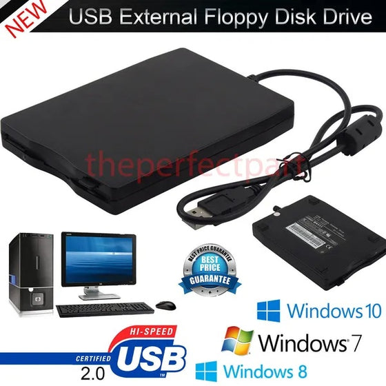 Black USB external floppy disk drive with computer and Windows icons