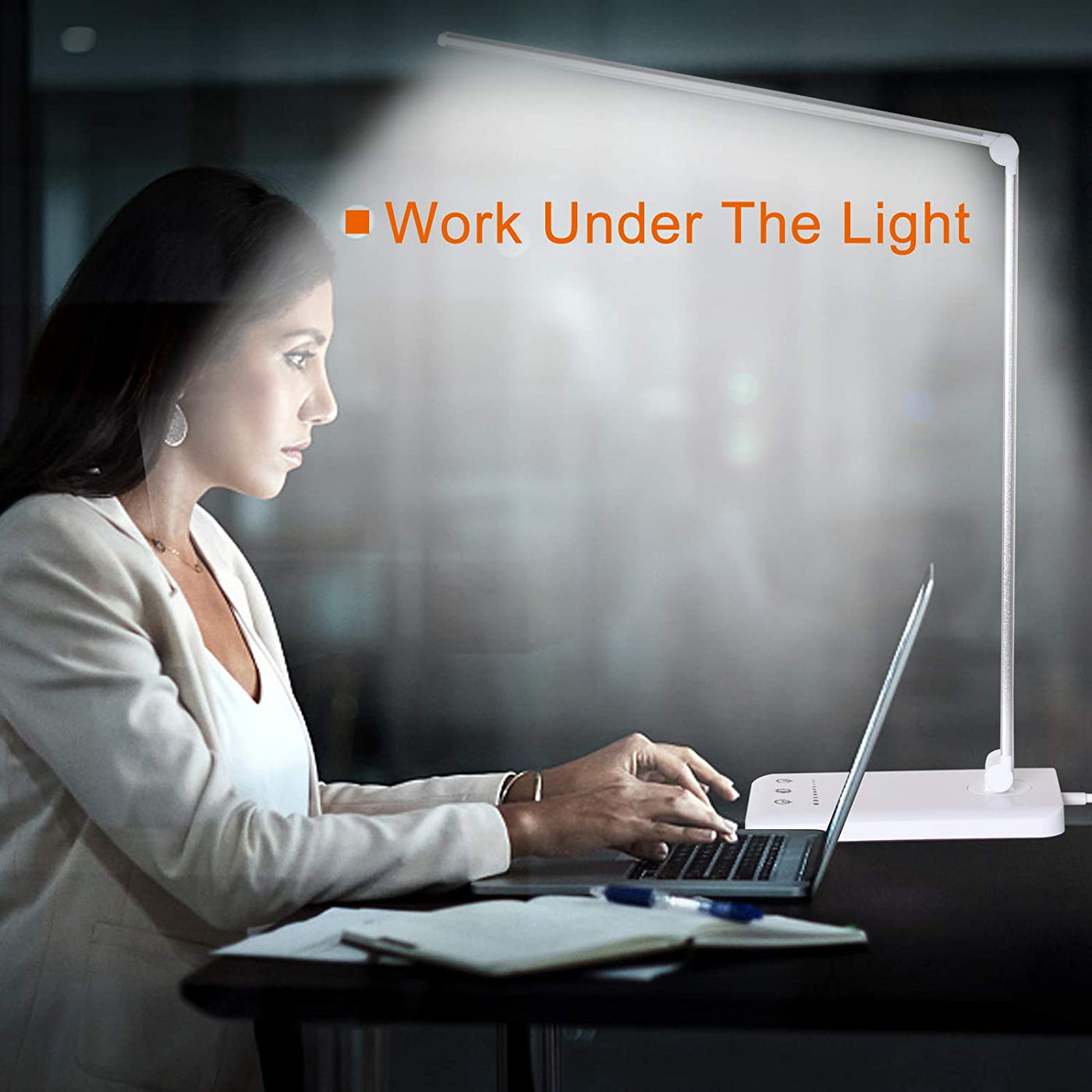 LED flex desk lamp, on desk with phone charging