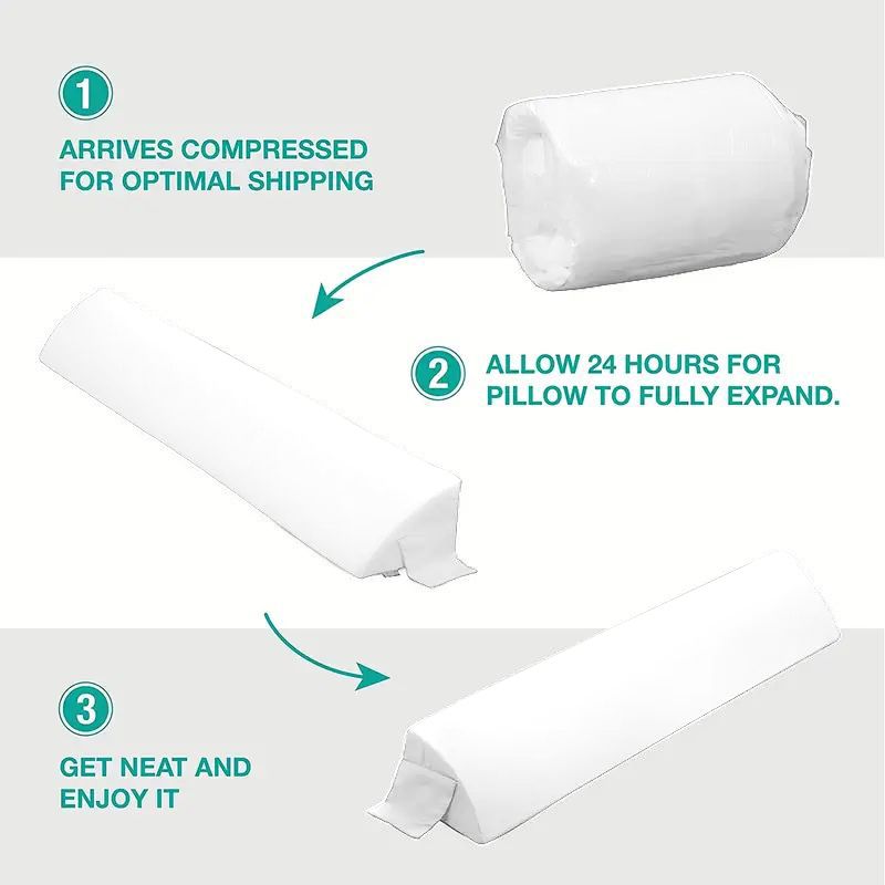 Steps showing the white pillow arriving compressed and expanding