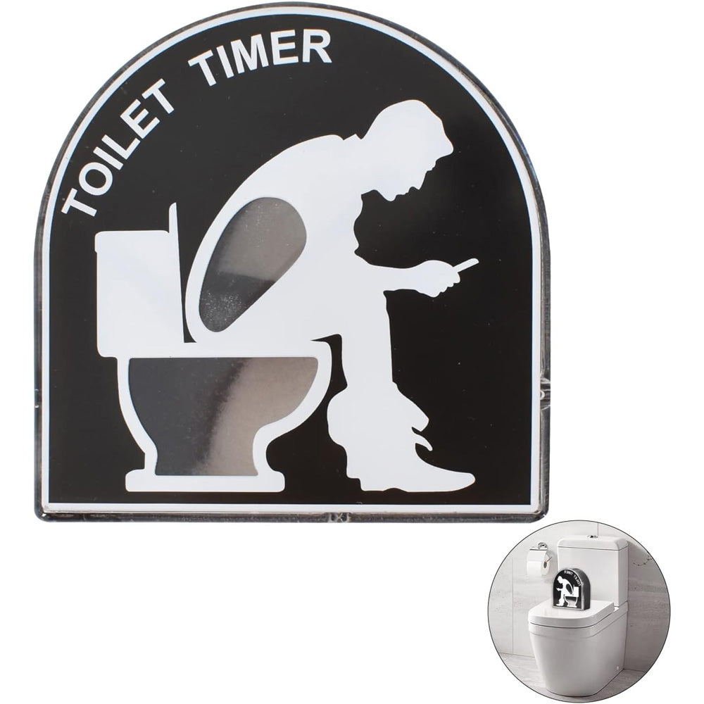 Black toilet hourglass timer with white man-on-toilet silhouette, front