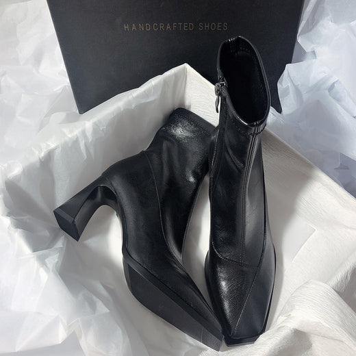 Women Genuine Leather Square Toe Boots
