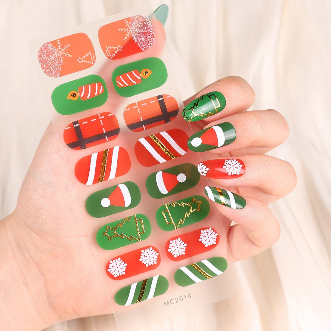 16-Finger French Christmas No-Bake Gel Nail Stickers Self-Adhesive Nail Polish Film Manicure Decals