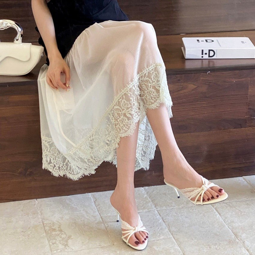 Women's Lace Bow Thin Heel PU Sandals Summer Pointed Toe Outdoor Slides