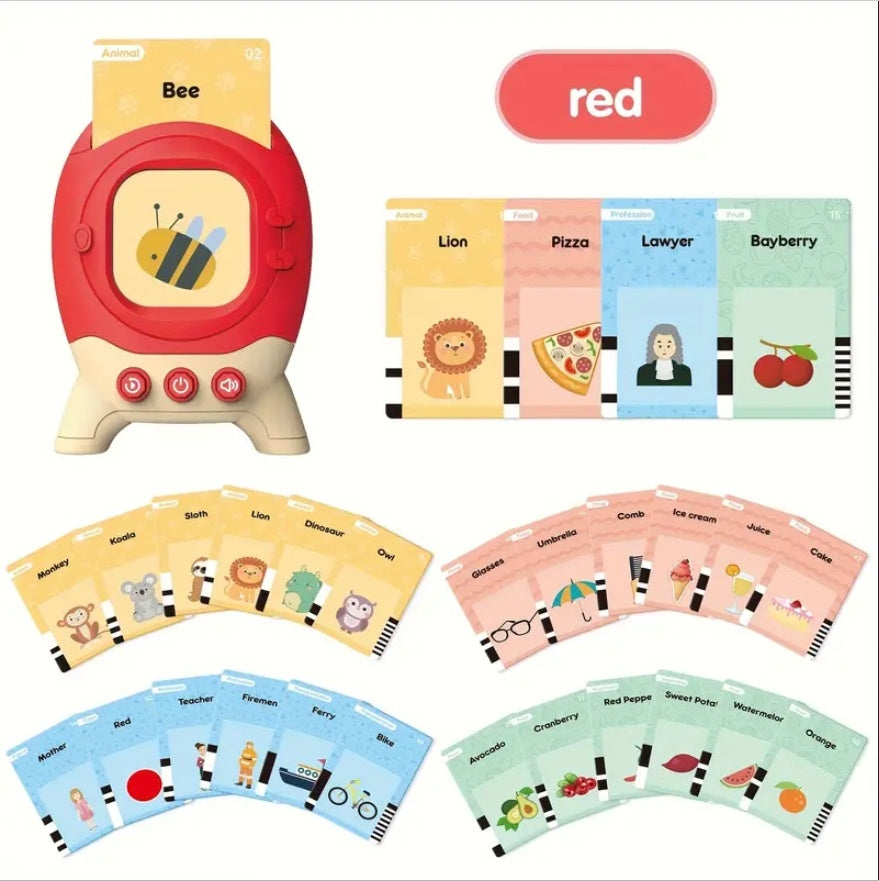 Red rocket card reader with Bee card and four color groups of picture flash cards
