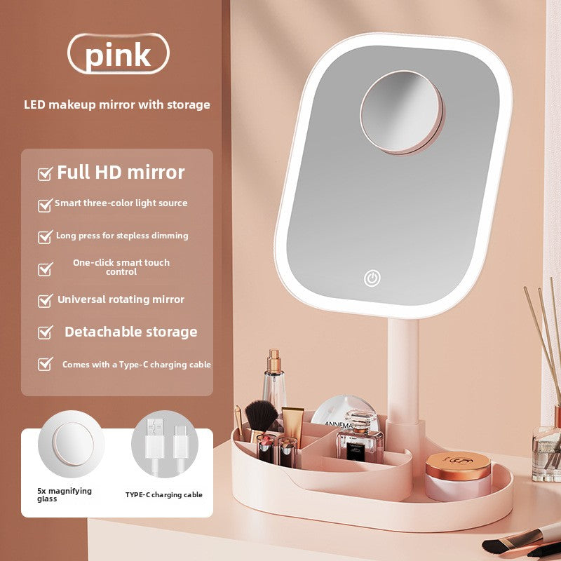Three-Color Lighting Foldable Makeup Mirror with 5X Magnification Detachable Lens