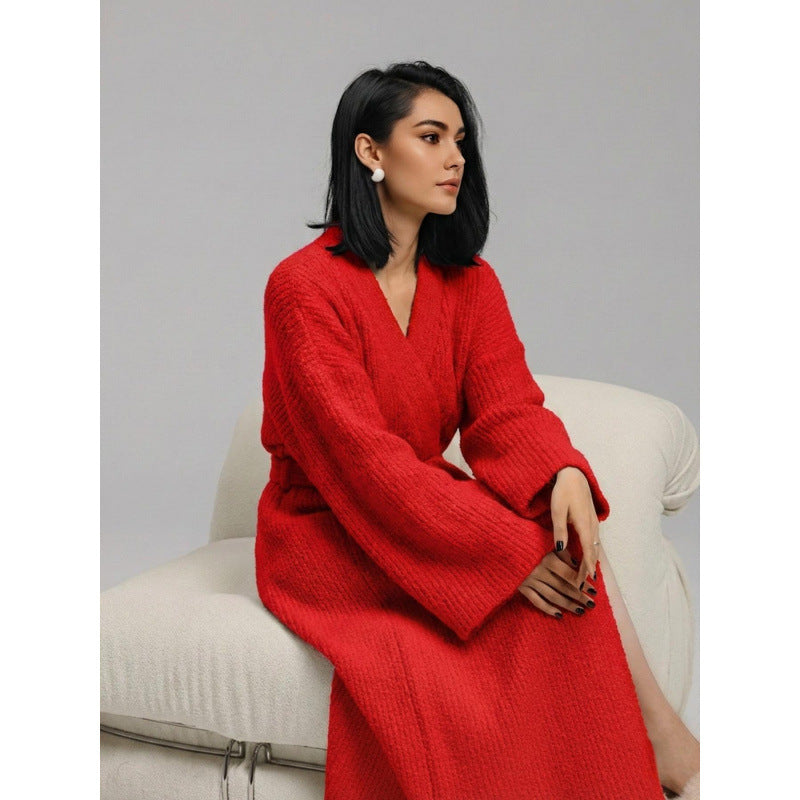 Extra-thick half-sided fleece bathrobe with belt, open front, photo 5
