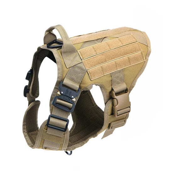 Tan tactical dog harness with grab handle and buckles