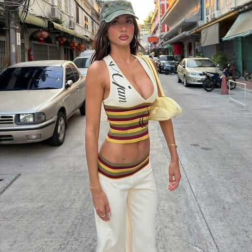 Womens V-neck Crop Top and Flared Pants Set