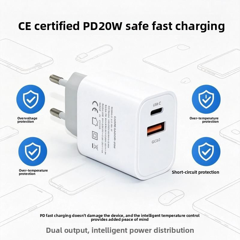 20W PD Dual Port USB-C USB-A QC3.0 Fast Charger EU Plug White