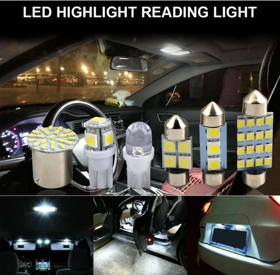 LED reading and dome lights lit inside a car at night