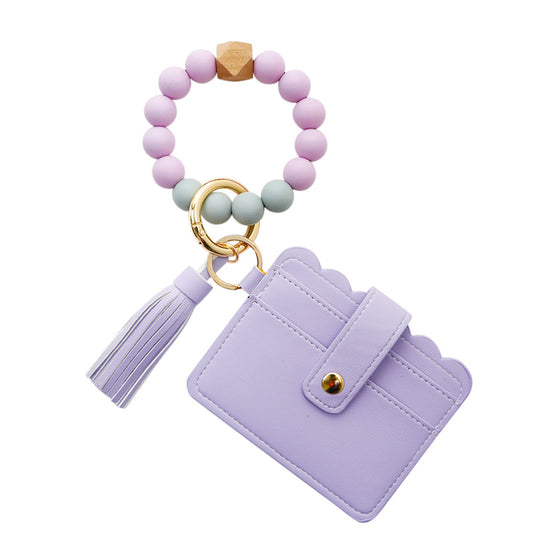 Lavender bead wristlet keychain with card holder and tassel