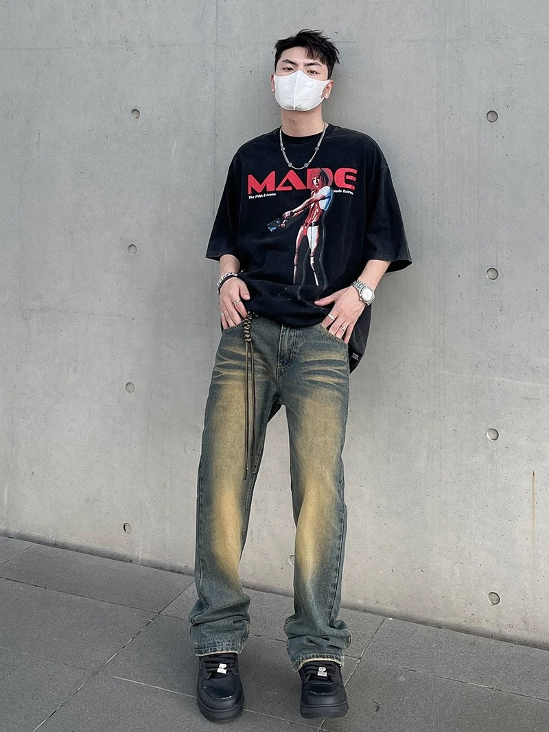 Distressed yellow mud-dyed washed jeans straight-tube micro-pants