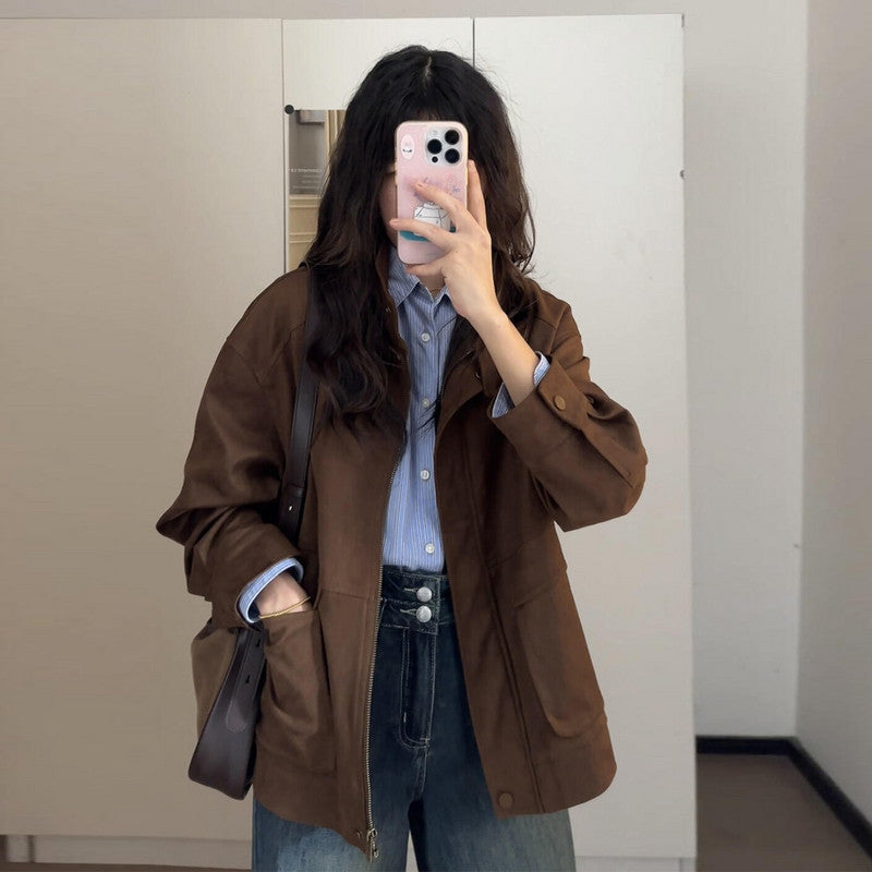 Korean Style Short Retro Brown Jacket Coat