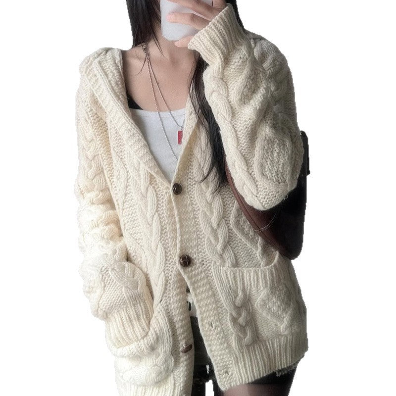 Women's white loose twist-knit hooded cardigan with pockets, photo 5