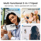 Selfie stick tripod freestanding with phone mounted