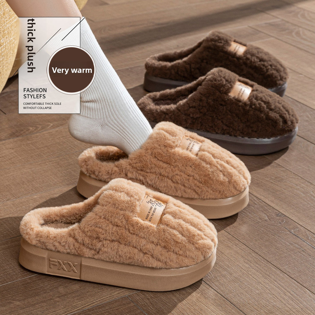 Unisex Plush Fleece Lined Cotton Slippers with Anti-Slip Sole