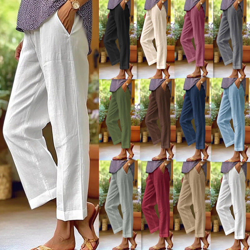 Elastic-waist straight-leg casual pants with pockets