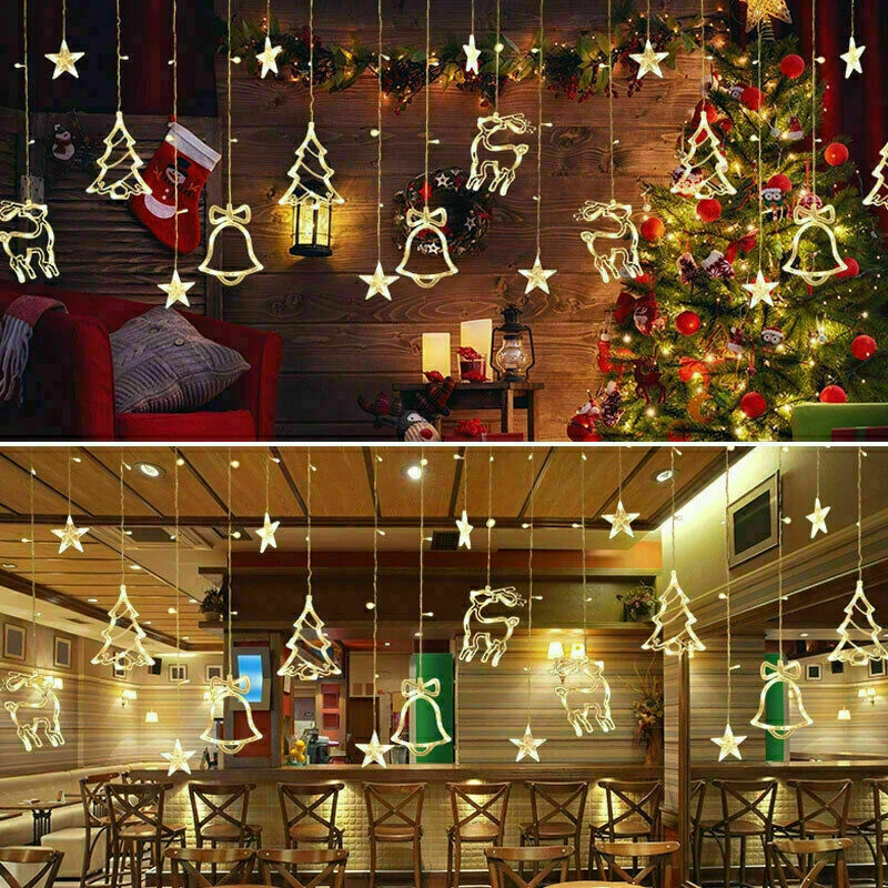 Christmas LED curtain lights hung in cafe and home windows