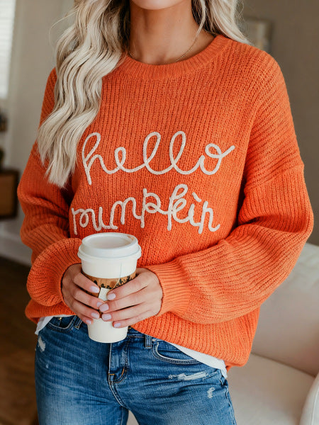 Women's Long Sleeve Pumpkin Letter Jacquard Round Neck Sweater