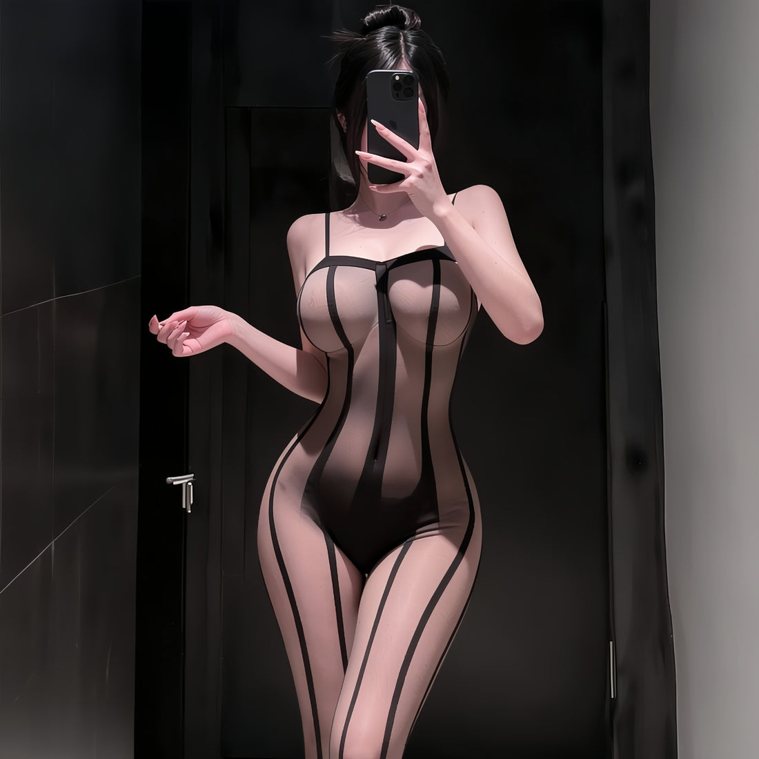 Black sheer mesh bodystocking with vertical stripes, photo 5