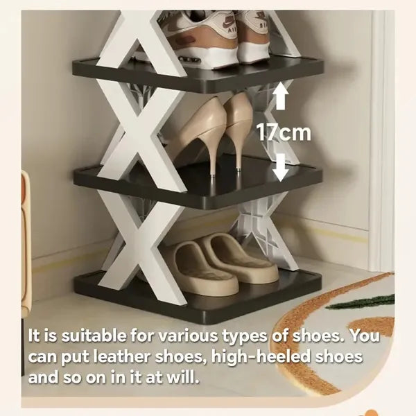 Close-up of angled shoe rack tier holding sneakers