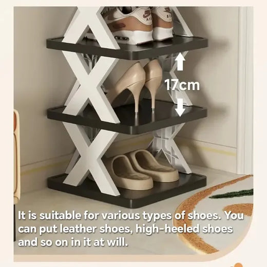 Close-up of angled shoe rack tier holding sneakers