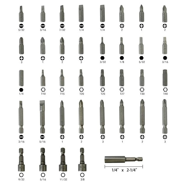 Grid of the 37 screwdriver bits and nut drivers