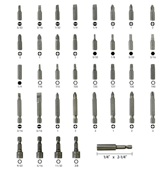 Grid of the 37 screwdriver bits and nut drivers