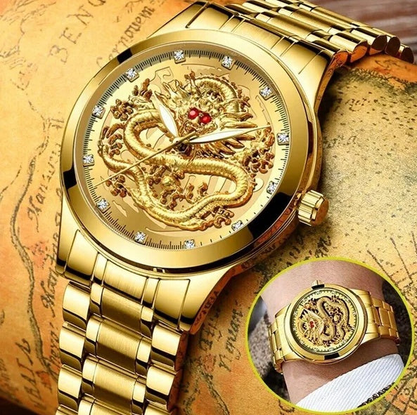 Gold-tone dragon dial men's watch on a map background with a wrist close-up