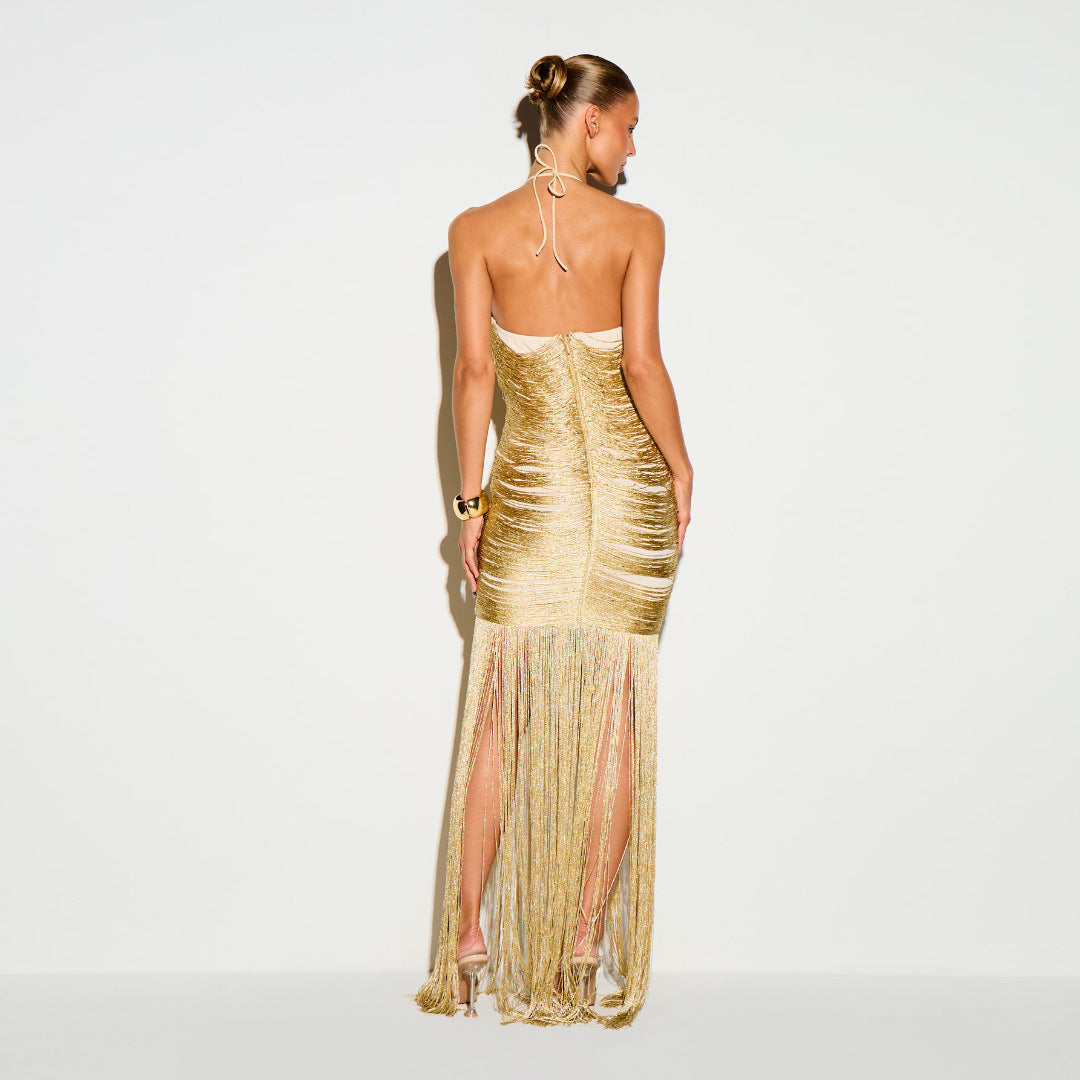 Gold deep V-neck sleeveless backless dress with tassels, photo 3