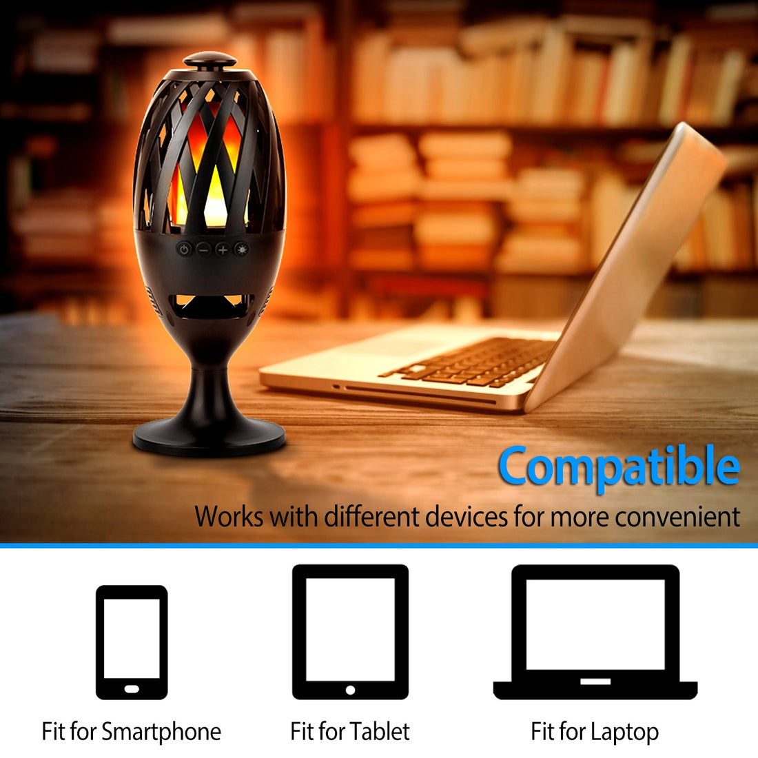 Flame speaker beside a laptop with phone, tablet and laptop icons