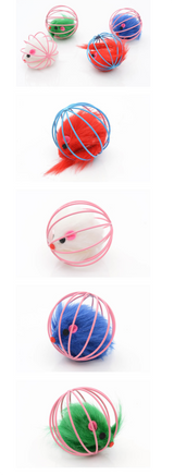 Close-up of soft fur mouse inside the wire cage cat toy