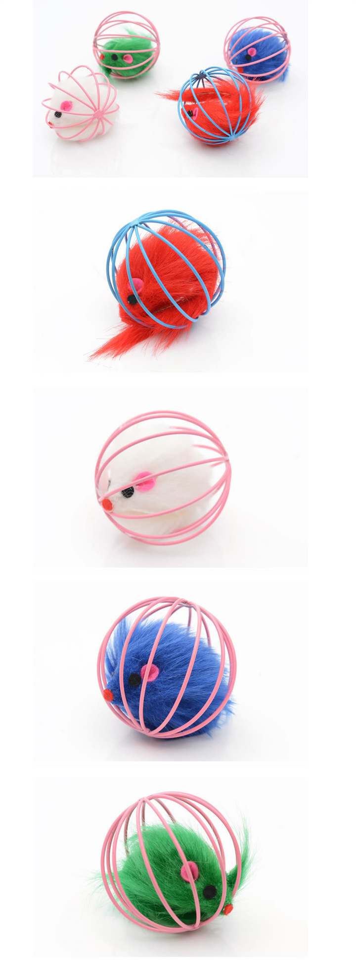 Close-up of soft fur mouse inside the wire cage cat toy