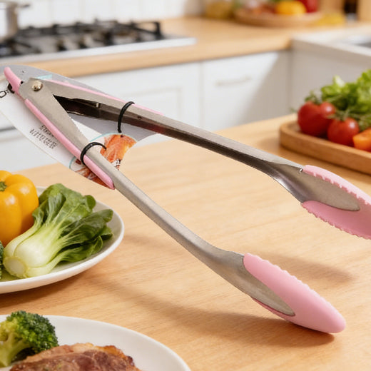 Stainless steel kitchen tongs ergonomic handle detail
