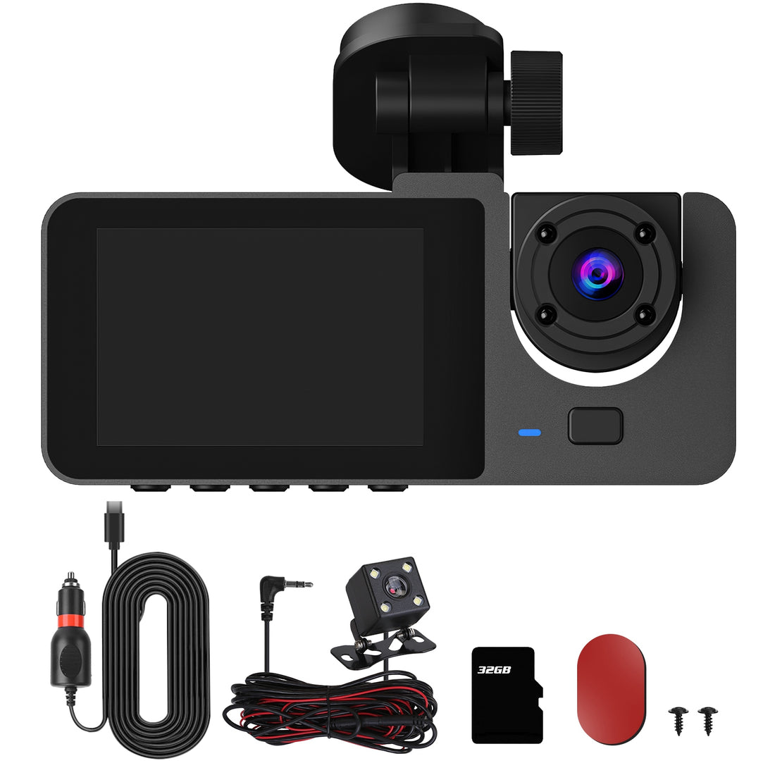 Dash cam with rear camera, charger cable, memory card and adhesive pad