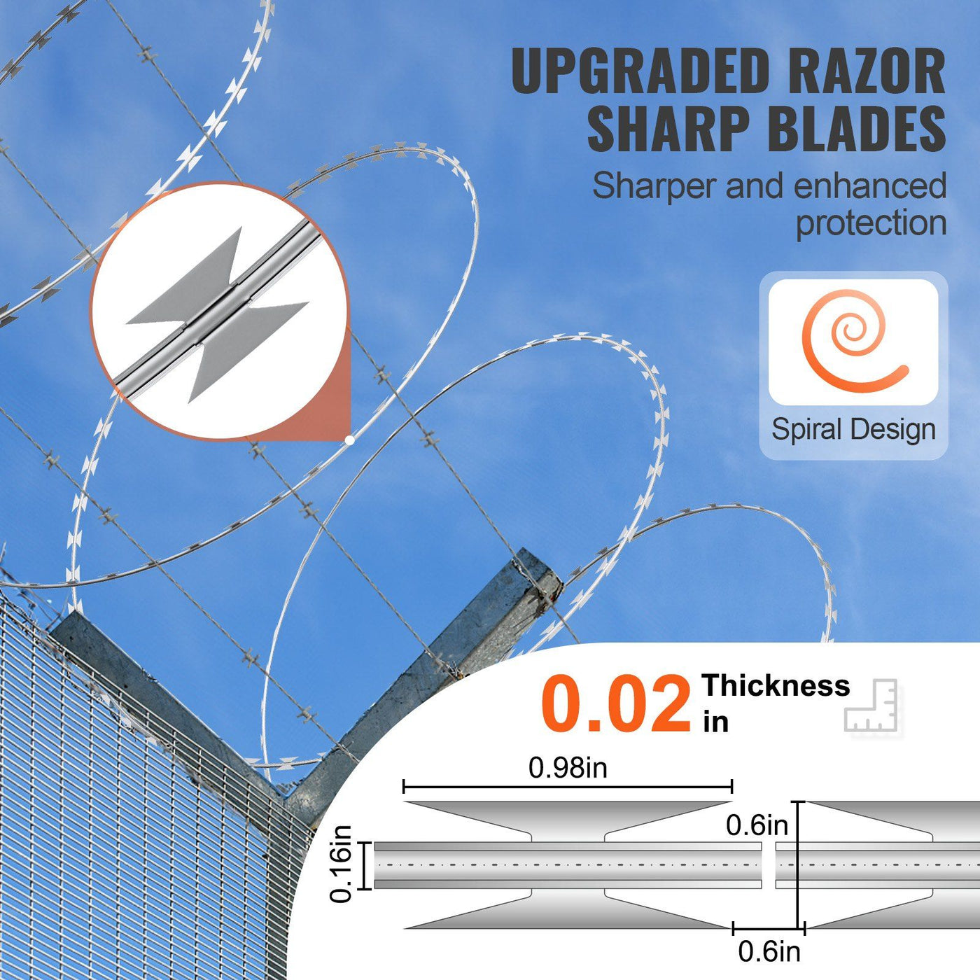 98 ft galvanized steel razor wire roll single spiral coil for perimeter fence - close-up detail