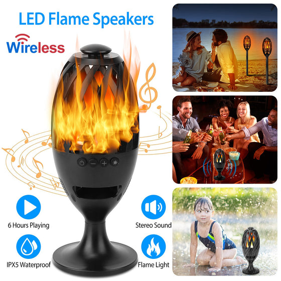LED flame Bluetooth speaker on its stand with patio and party scenes
