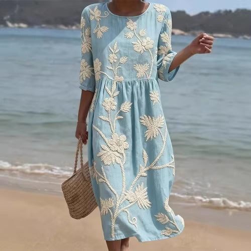 Women's floral print long-sleeved round-neck dress