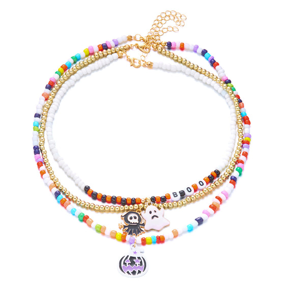 Halloween Beaded Ghost Pumpkin Pendant Necklace