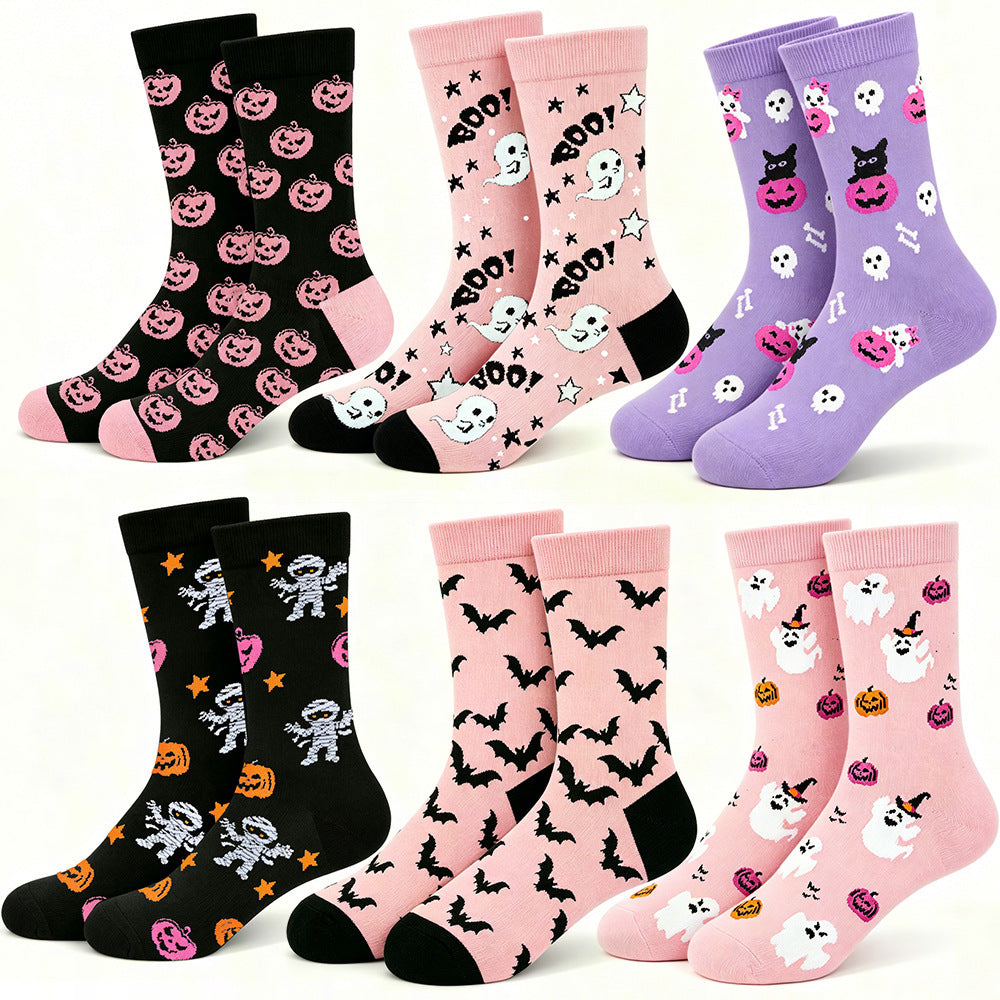 Sweet and Cool Pink Purple Contrasting Color Halloween Mid-Calf Cotton Socks