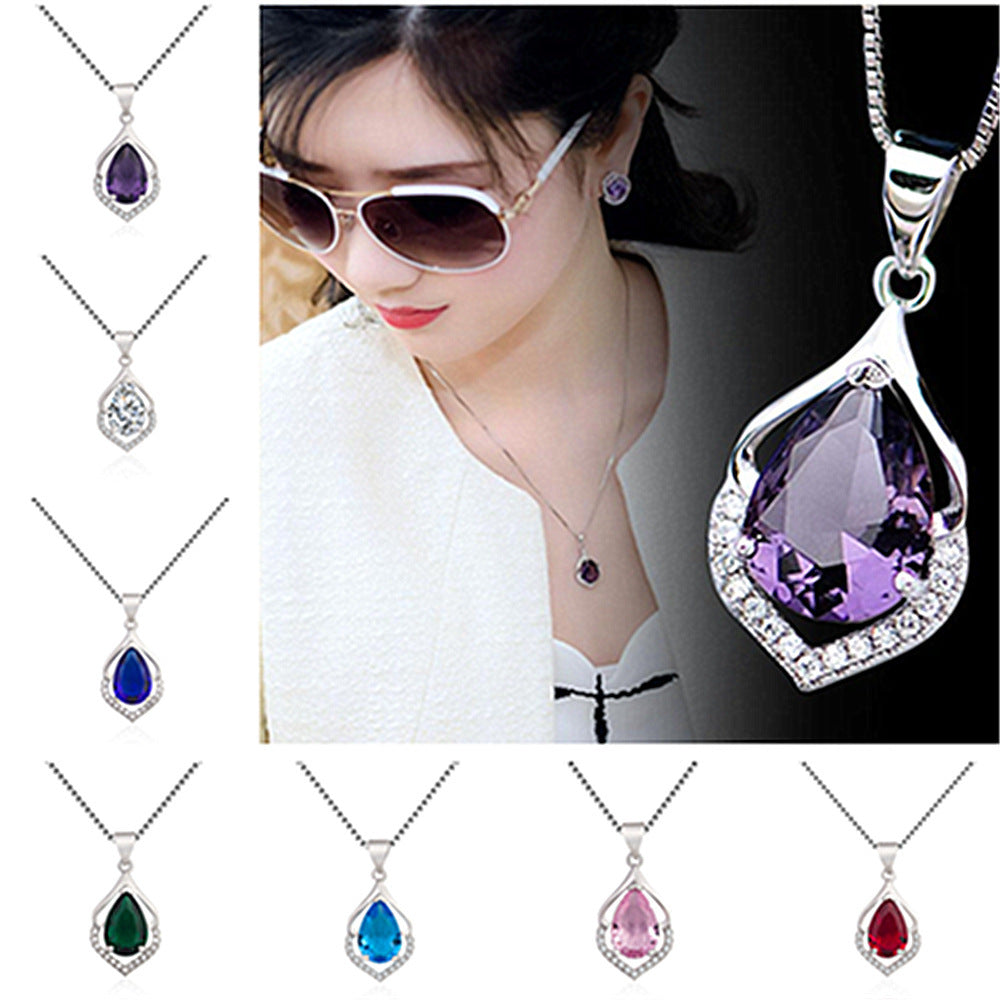 Drop-Shaped Imitation Silver Crystal Pendant Necklace