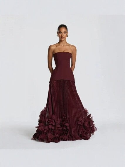 Strapless Petal Embellished Long Evening Dress with Train