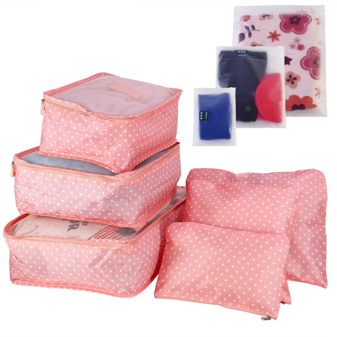 Pink polka dot packing cube set with pouches and floral storage bags