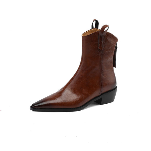 Pointed Toe Thick Heel Genuine Leather Ankle Boots