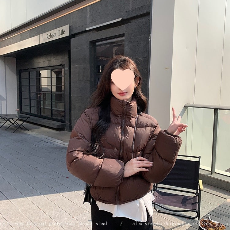 Womens Short Stand Collar Cotton Padded Jacket Wool Fur Fill