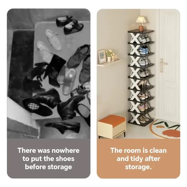 Shoe rack shown next to a front door