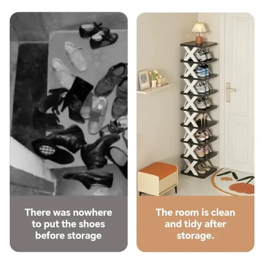 Shoe rack shown next to a front door