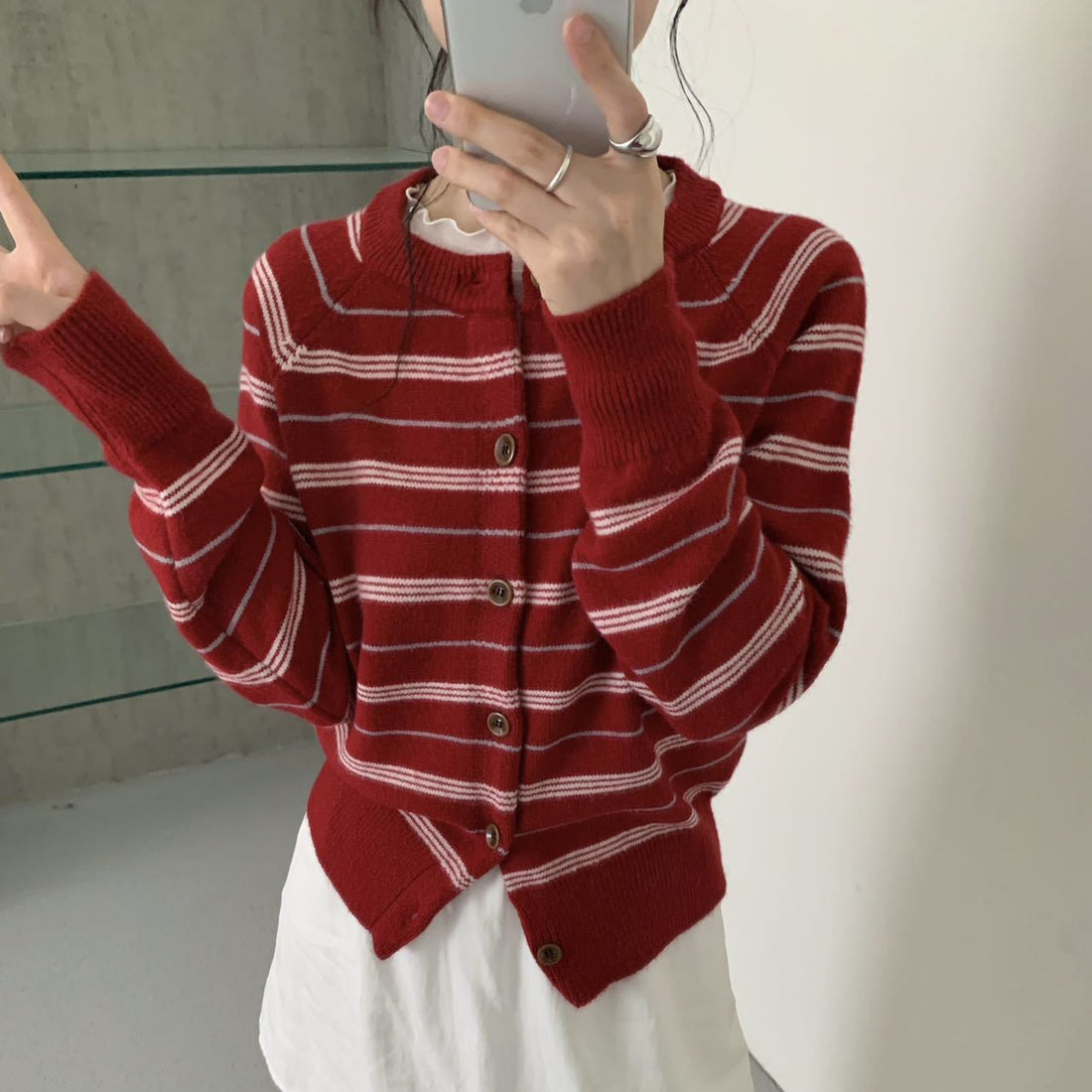 Women Retro Color Block Striped Knit Cardigan Round Neck Long Sleeve Slimming Sweater