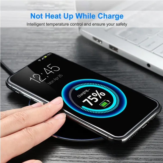 Hand placing a phone on the wireless pad showing 75% charge